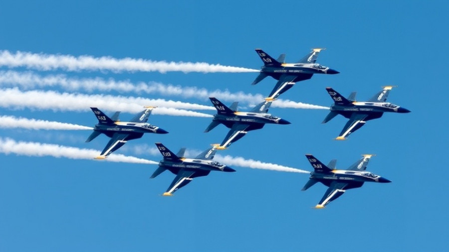 Aerial display of Navy jets in formation for National Navy Day.