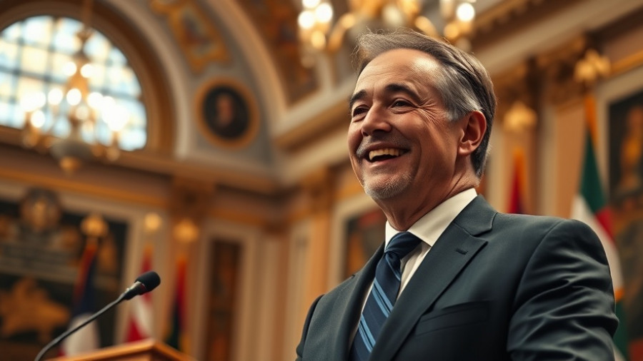 Confident man delivering a speech in an ornate setting.