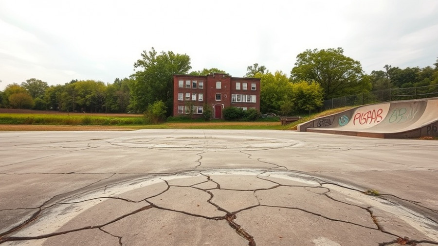 Cracked concrete area in Pensacola community skate park, near brick building.