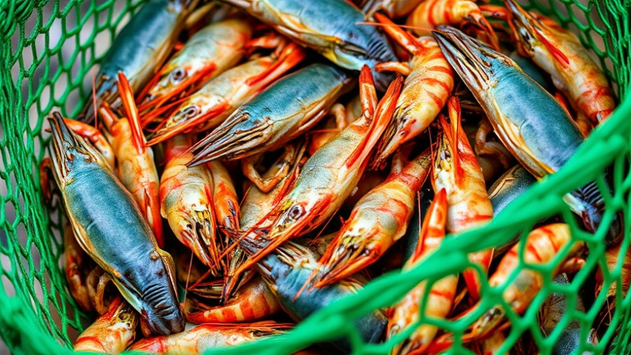 Freshly caught shrimp and crabs in green net, Louisiana coast.
