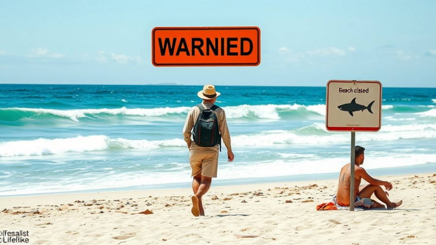 Australian beach with shark warning signs and people, highlighting shark safety technology.