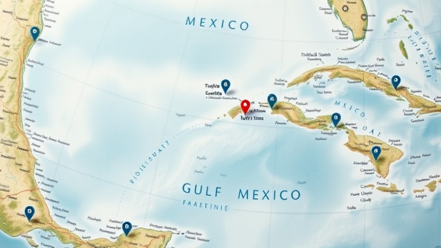 Map showing Gulf of Mexico with location markers, illustrating Gulf of America name debate.