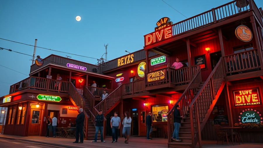 Flora-Bama dive bar vibrant exterior and signs at dusk.