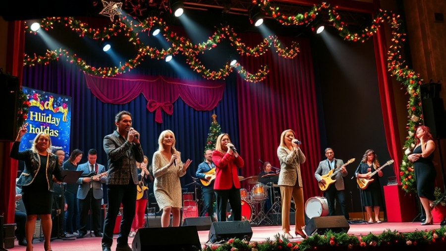 Holiday variety show in Orange Beach with singers and festive decor.