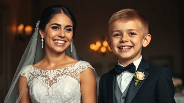 Radiant bride and boy smiling warmly, classic indoor photo