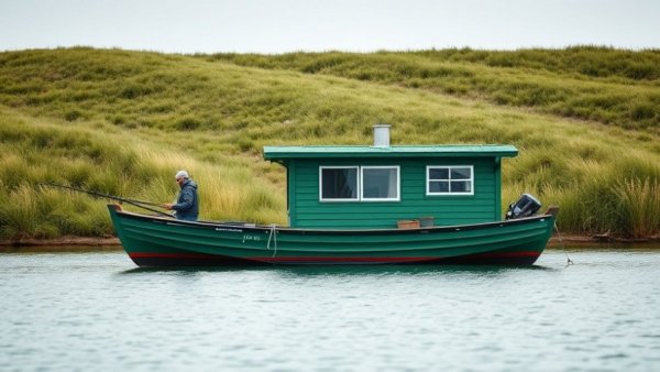 Off grid houseboat camping: compact houseboat and cabin, serene water setting.