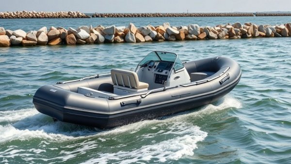 Rigid inflatable boat navigating Venice Jetty, wild boating adventure.