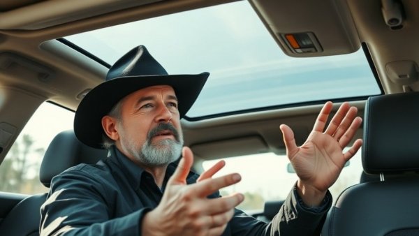 Middle-aged man gesturing in car discussing local restaurant industry challenges.
