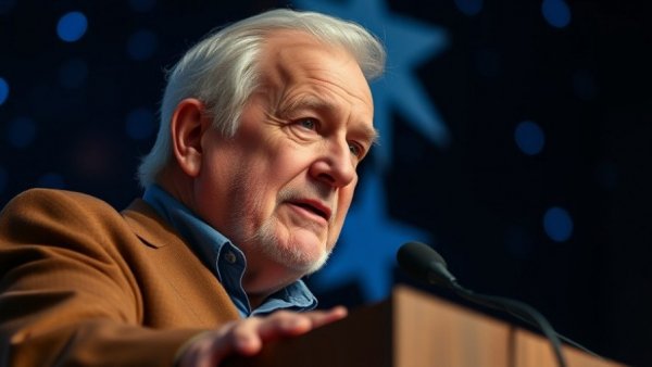 Elderly man confidently speaking on stage with blue lights.