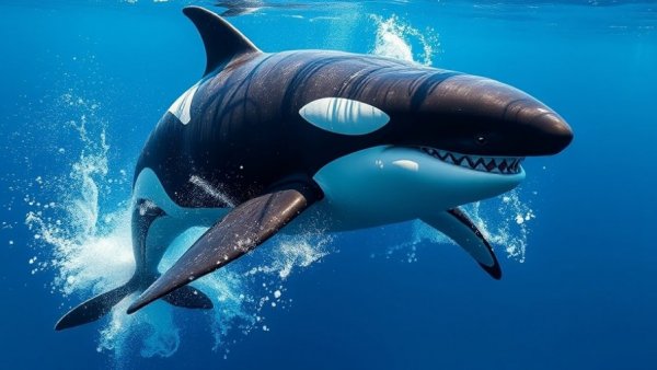 Killer whale hunting great white shark in clear blue ocean
