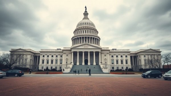 Majestic view of U.S. Capitol, wide-angle lens, overcast sky.