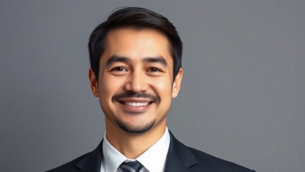 Professional male in a suit, smiling against gray background.