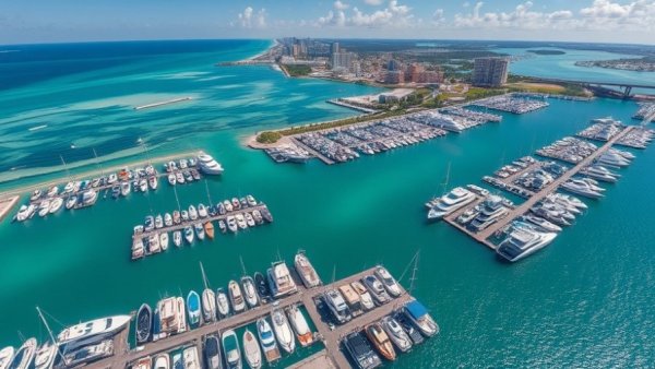Aerial view of Orange Beach marina and skyline, Alabama Gulf Coast.