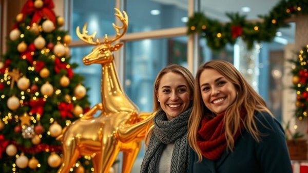 Couple enjoying festive holiday decorations during holiday catering rush.