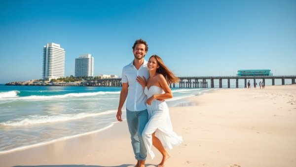 Couple walking on Orange Beach with buildings and pier in background.