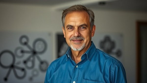 Middle-aged man in blue shirt standing indoors, Pensacola homicide reward backdrop.