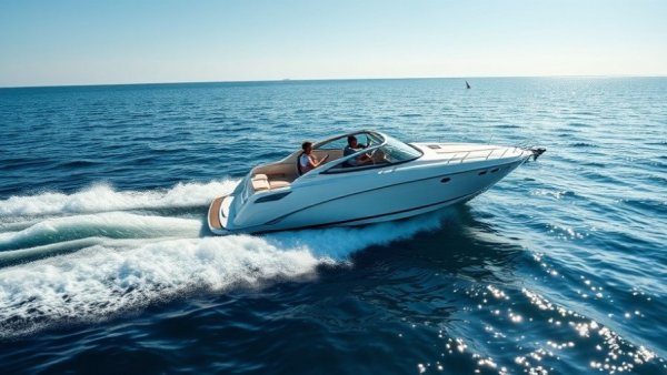 Boating fun at the Venice Florida Jetty with motorboat and blue water.