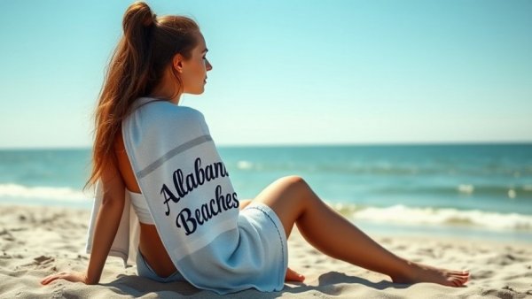 Tranquil Alabama beach scene with woman seated under clear sky.