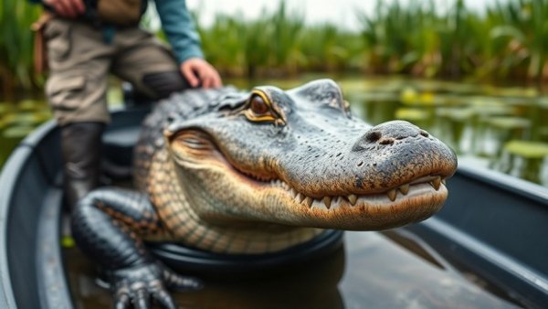 Alligator hunting scene in Louisiana marsh, person with catch.