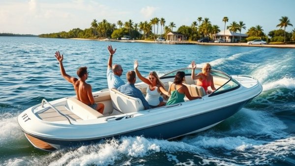 Boating at Venice Florida Jetty, joyful group on a speedboat.