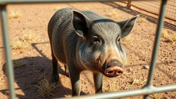 Wild hog in metal enclosure during hunting scene.