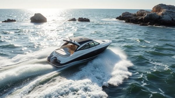 Boating in Venice Florida Inlet at high speed, reflecting sunlight.