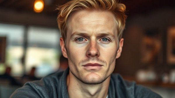 Close-up portrait of a man in casual indoor setting.
