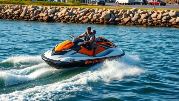 Jet ski fun at Venice Florida Jetty with vibrant waterfront scene.