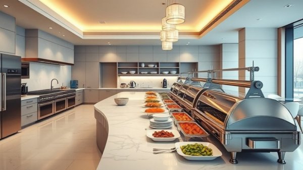 Modern kitchen with buffet setup for Friendsgiving recipes.