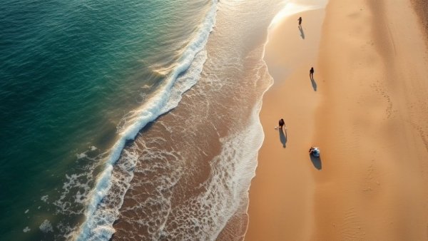 Beach wildlife view from above, tranquil shore with few people.