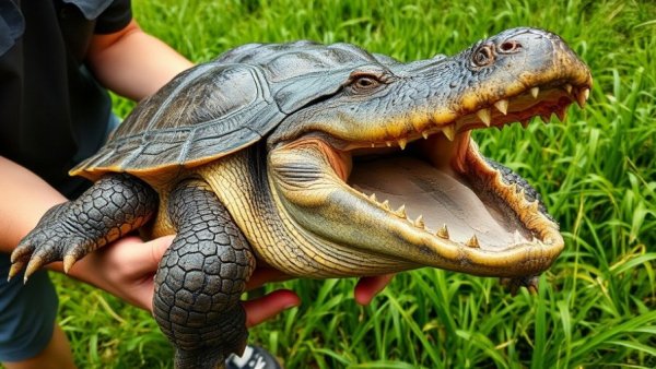 Alligator snapping turtle being gently held with open mouth.