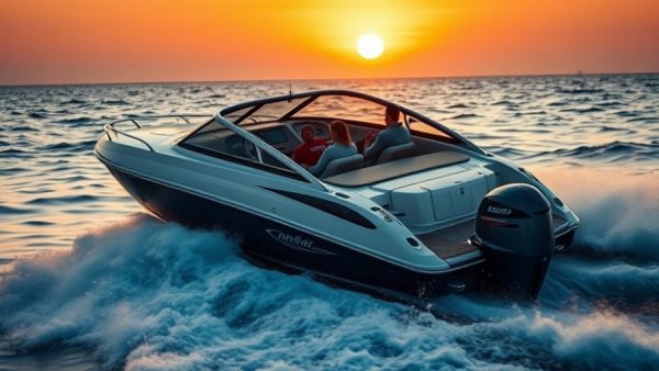 Venice Florida jetty boating adventures at sunset with people cruising in a speedboat.