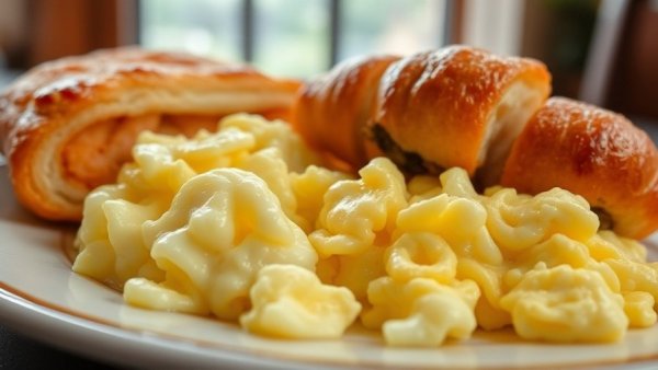 Gulf Coast beaches hotel breakfast with eggs and pastry.