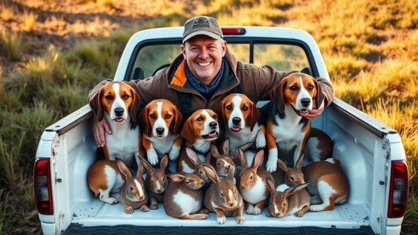 Hunter with rabbit hunting beagles and harvested rabbits in a truck bed.