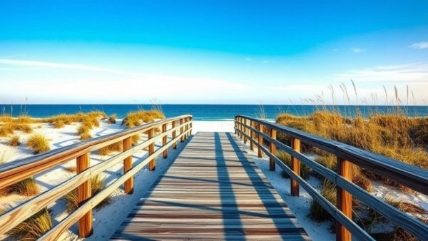 Alabama beaches boardwalk under clear blue sky.