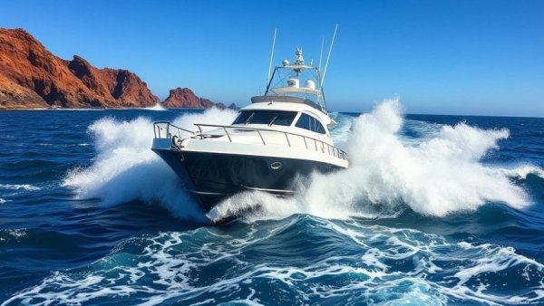 Boat with triple engines navigating rocky waters, triple engines boating.