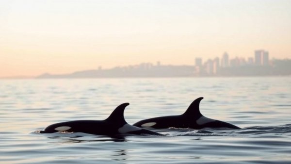 Orcas swimming in ocean near distant cityscape.