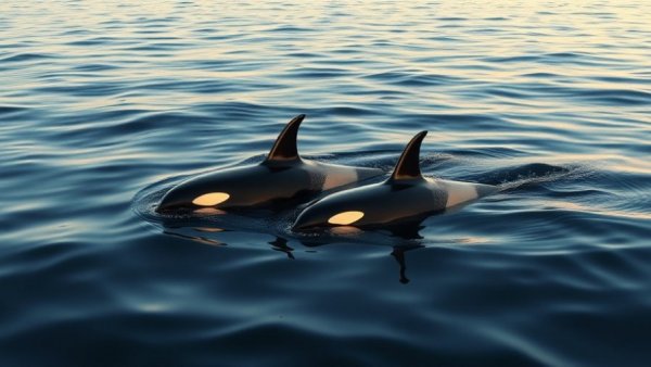 Orcas hunting young sharks in calm ocean waters under soft golden light.