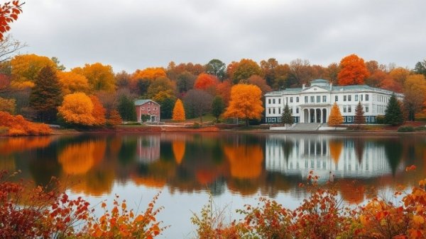 Orange Beach Civic Center by lake with autumn trees.