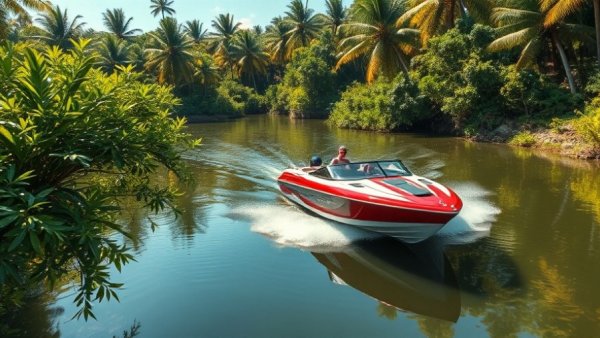 Speedboat on a tropical Florida river, lush greenery, bright day.
