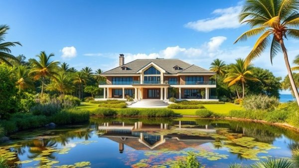 Beachfront luxury homes Florida with lush greenery and pond.
