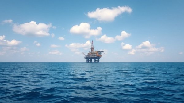 Offshore oil platform in calm sea under blue sky.