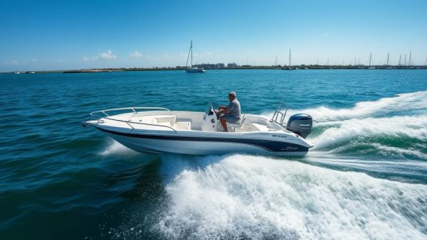 Boat navigating Venice Florida Inlet on a sunny day.