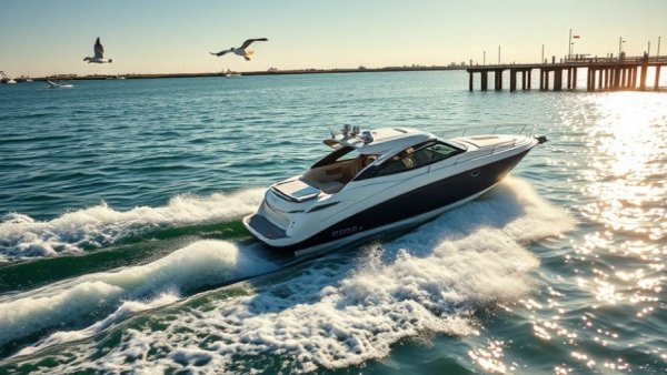 Motorboat cruising by the jetty in Venice, Florida with seagulls, sunny day.