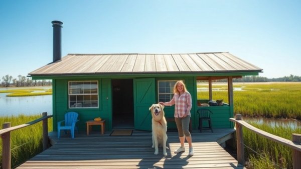 Off-grid cabin in Louisiana marsh with family outside on deck.
