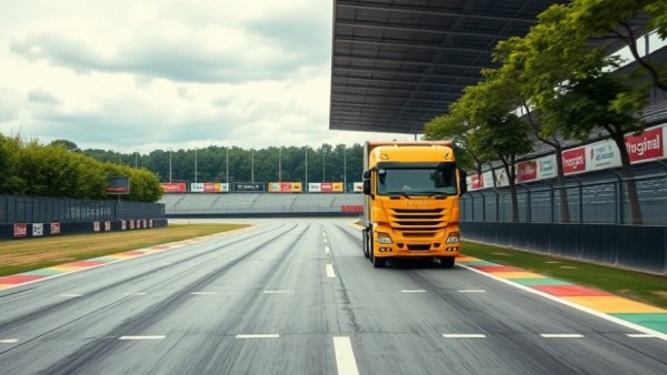 Yellow truck on Five Flags Speedway track amid Snowball Derby schedule change.
