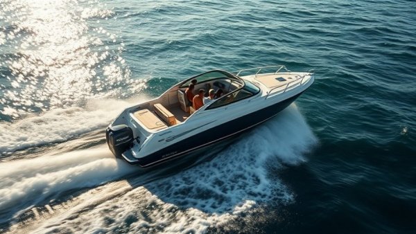 Boating Fun in Venice Florida Inlet; motorboat riding waves under bright sun.