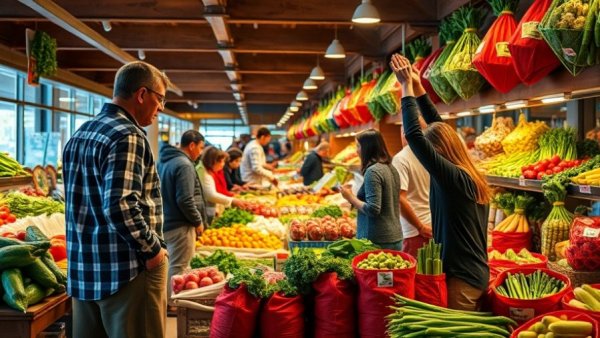 Customers in Pensacola selecting fresh affordable produce at market.