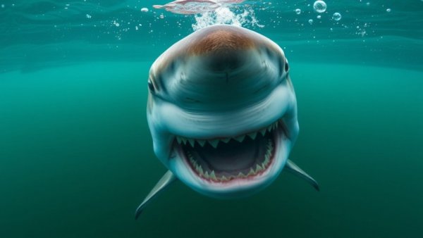 Great white shark sighting underwater with mouth open showing teeth.