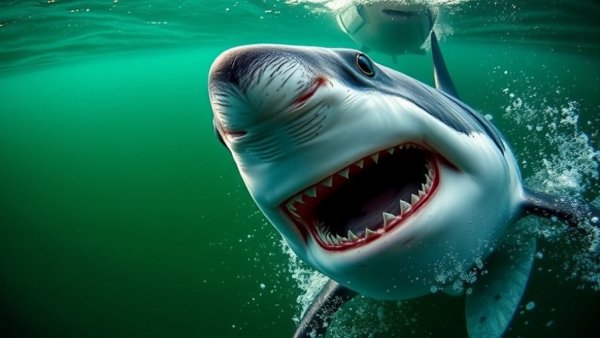 Great white shark sightings Florida with a shark interacting with a boat.